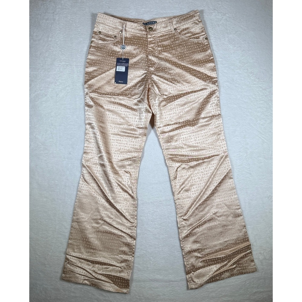 PLATINI JEANS 32 Tan Satin Logo Print Flare Leg Pants Style Womens